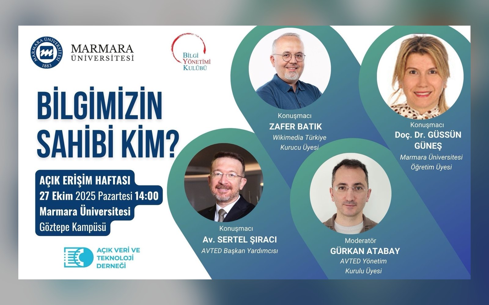 Açık Erişim Haftası "Bilgimizin Sahibi Kim?" paneli afişi, Marmara Üniversitesi, 27 Ekim 2025