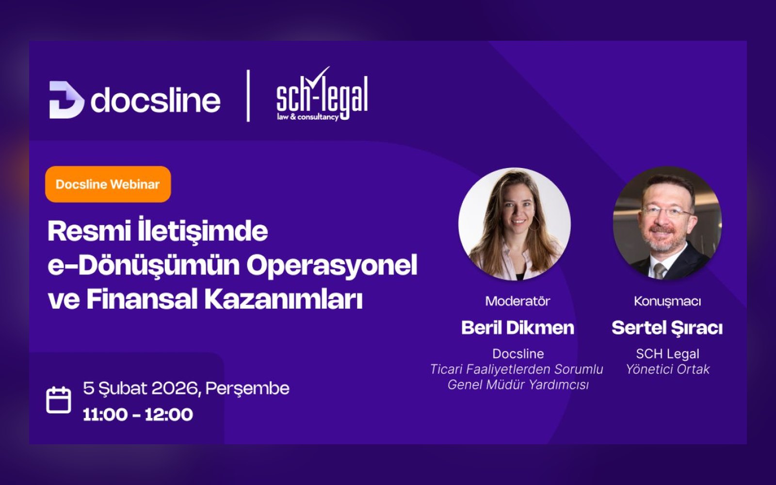 Docsline webinarı afişi: Resmi İletişimde e-Dönüşümün Operasyonel ve Finansal Kazanımları, 5 Şubat 2026